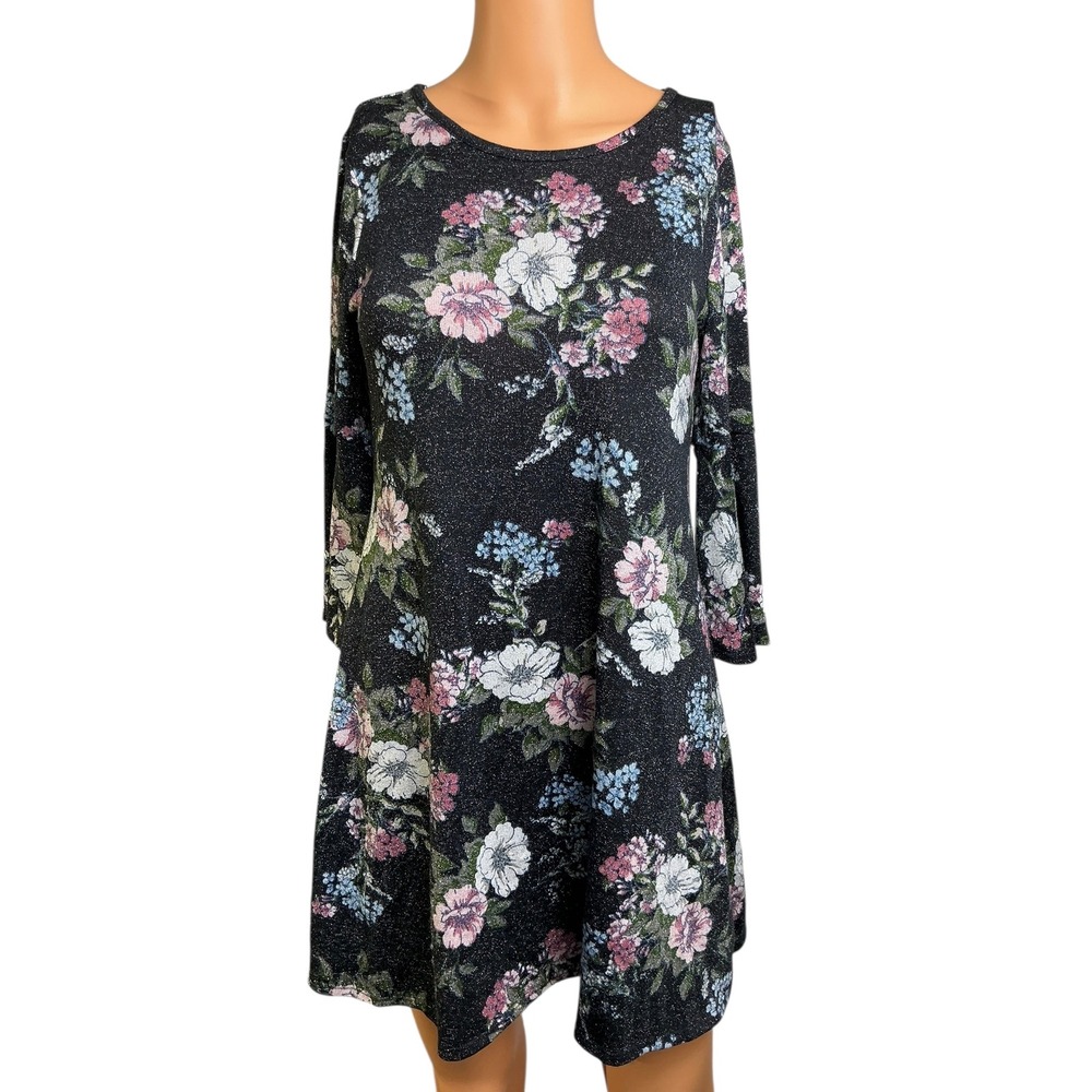 Sequin Hearts Girls Floral Print‎ Swing Dress Black Pink Blue Sparkle Size 16